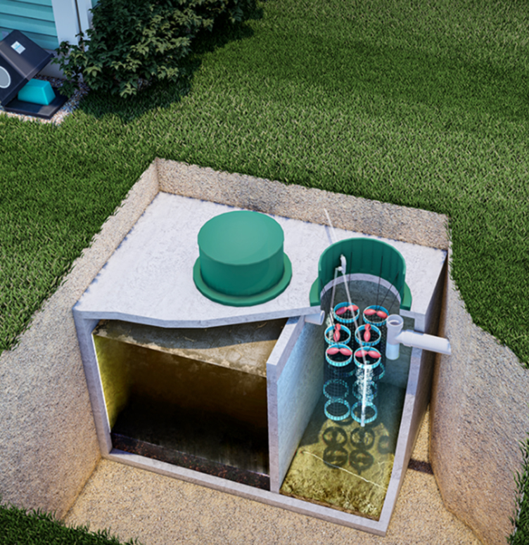 Renderıng of RioVation® BioMaze® BM2624 installed in a two compartment septic tank.