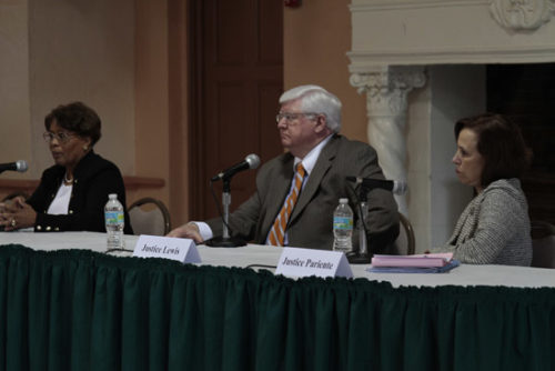 Professor Theresa Radwan led a panel discussion with Justice Peggy Quince, Fred Lewis and Barbara Pariente.