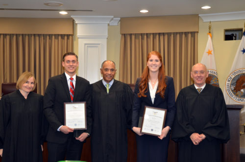 Judges Margaret Bartley, William Greene, Chief Judge Lawrence Hagel with students Correy Karbiener and Taylor Ryan.