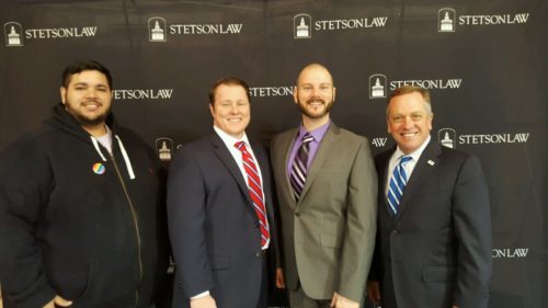 (L-R): Lambda vice president Francisco Lopez, Lambda president Nathan Bruemmer, Bosch and Stetson law school Dean Christopher Pietruszkiewicz. Photo courtesy Nathan Bruemmer.