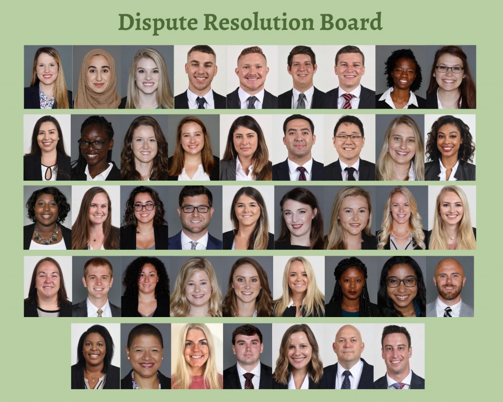 A composite of multiple student headshots for those who are members of the Dispute Resolution Board.