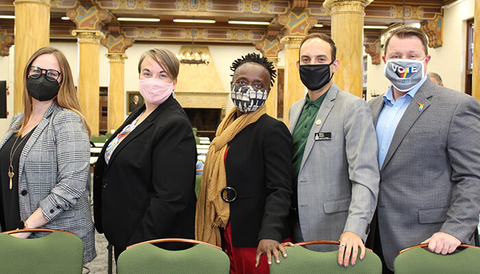 Lambda Legal Society members Jessica Merker and Jen Rex with Dean Michèle Alexandre, Lambda President Edson Abadia, and Stetson Law alumnus Nathan Bruemmer.