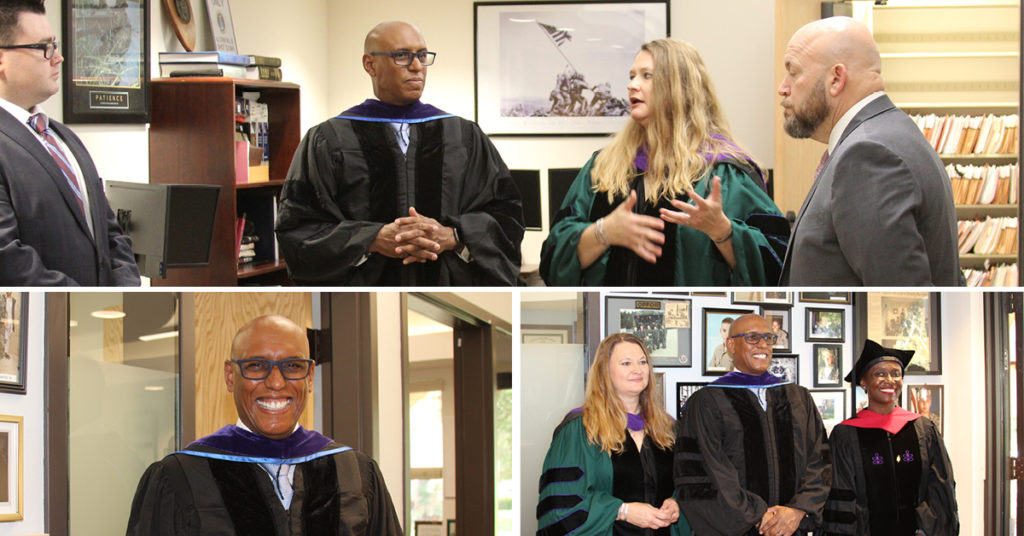 A collage of three photos featuring Deputy Secretary of the U.S. Department of Veterans Affairs Donald Remy, who toured the Veterans Law Institute with Professor Stacey-Rae Simcox and Dean  Michèle Alexandre.