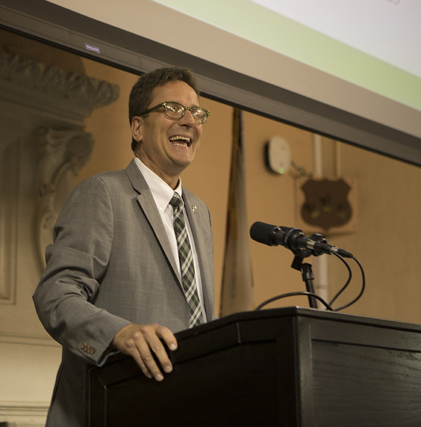 Stetson University President Christopher Roellke speaks at a podium in the Great Hall