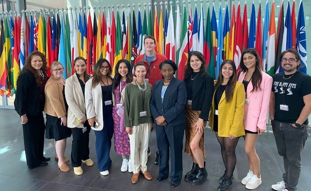 A group of students and Professor Luz Nagle stand in front of a line of international flags in The Hague, Netherlands.