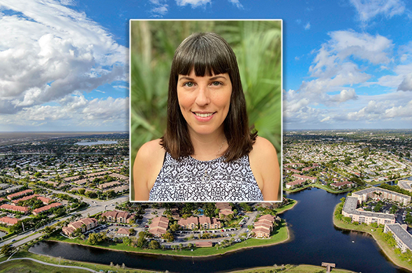 A picture of a young woman layered over a picture of a Florida development