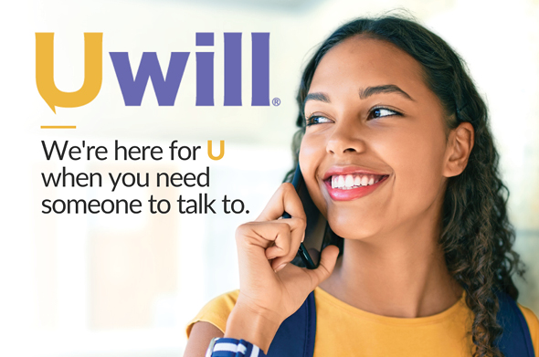 Photo of a young woman on the phone that reads "Uwill: We're here for you when you need someone to talk to."