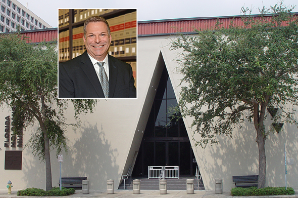 A headshot of Professor Jason Palmer with the entrance to the Florida Holocaust Museum entrance