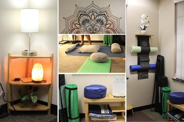 Features from a meditation room, including a salt lamp, yoga mats, cushions, and a mandala on the wall.