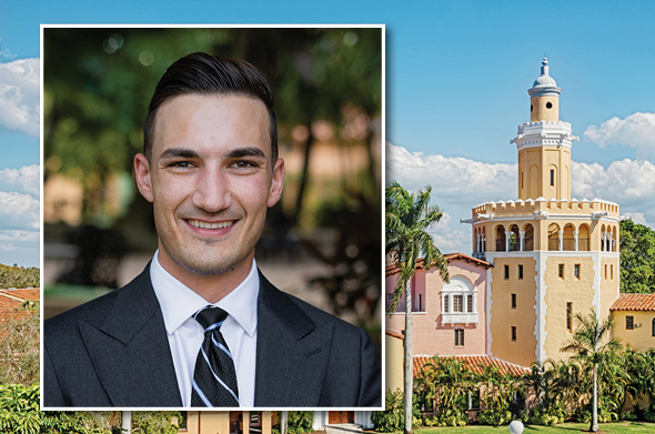 A headshot of a Stetson Law alumnus superimposed against a photo of Stetson Law's tower.