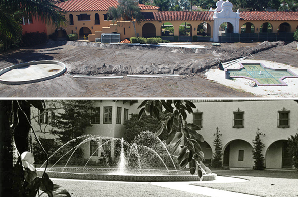 A collage of two images. The top image, in color, shows a fall 2023 fountain restoration and construction project. The bottom is a black-and-white picture of the fountain in the 1960s spraying water.