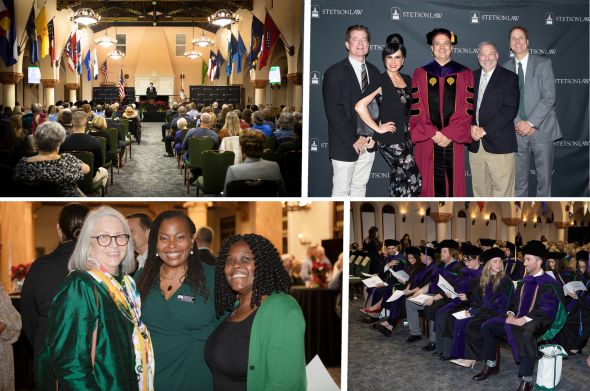 A collage of images from a graduate celebration in Stetson Law's Great Hall.