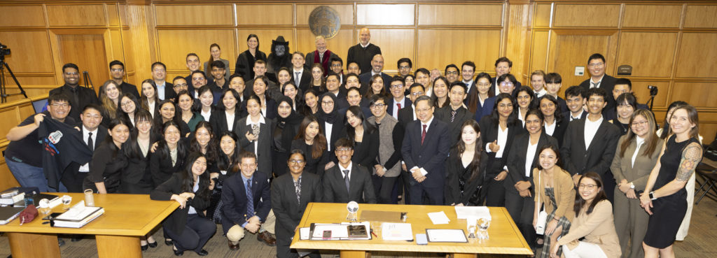 A panoramic view of all of the participants in an international environmental moot court competition at Stetson Law in 2024.
