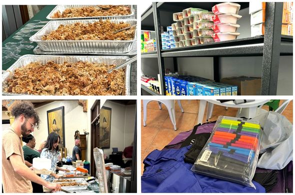 A collage of images depicting food on shelves, school supplies, and food being served buffet-style.
