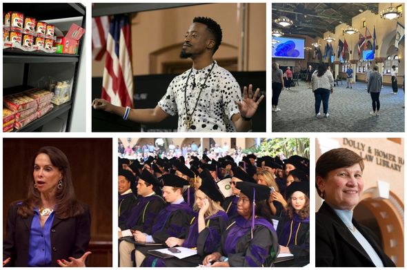 A collage of images, including a dynamic speaker, a pantry stocked with shelves, a professor speaking to a class, a group of graduates, and a professor's headshot.