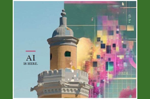 A digital photo of Stetson Law's tower. Half of it is pixelated with bright colors. A small caption says "AI is here."