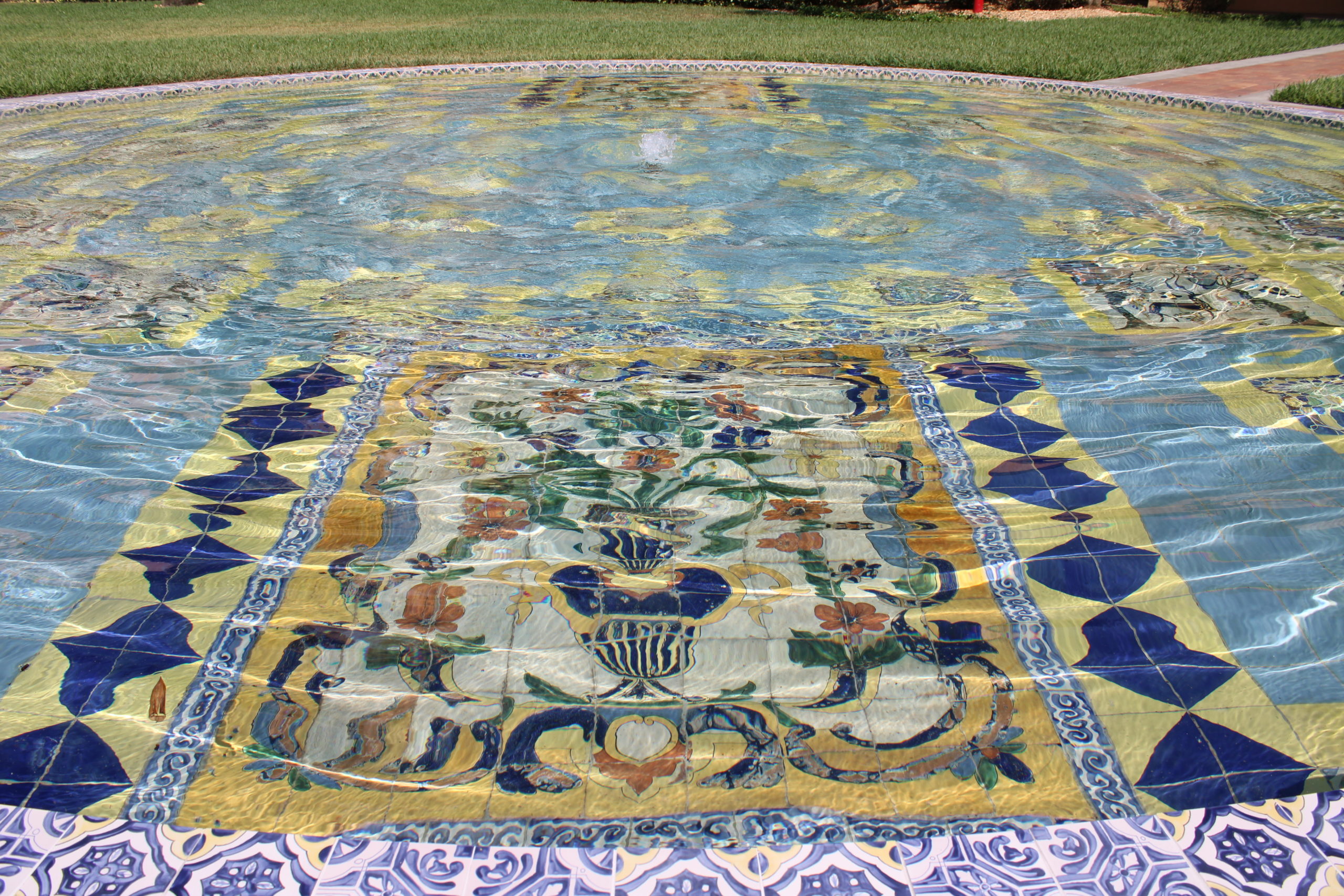 A closeup of the intricate tiling of one of Stetson Law's historic, recently restored fountains.