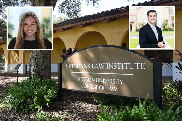 An external shot of a Mediterranean-style building featuring the words "Veterans Law Institute." Headshots of a staff member and a student are superimposed at the top of the image.