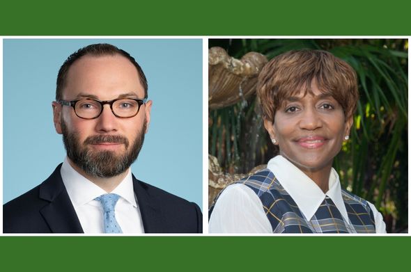 A pair of side-by-side headshots. On the left is a man in a suit wearing glasses. On the right is a woman wearing a white shirt and a plaid vest.