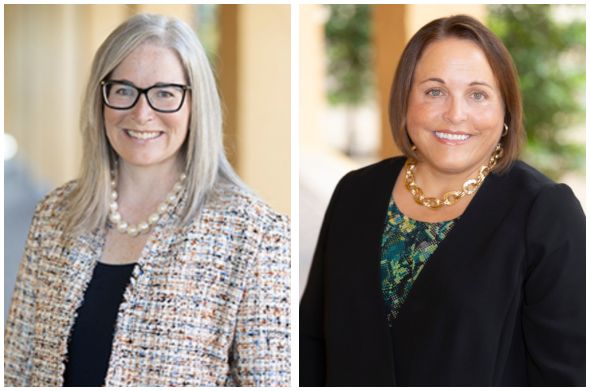 On the left is a headshot of Associate Dean Anne Mullins wearing a woven suit jacket and necklace with large pearl-like beads. On the right is a headshot of Professor Kirsten Davis wearing a black suit jacket and a gold-colored necklace.