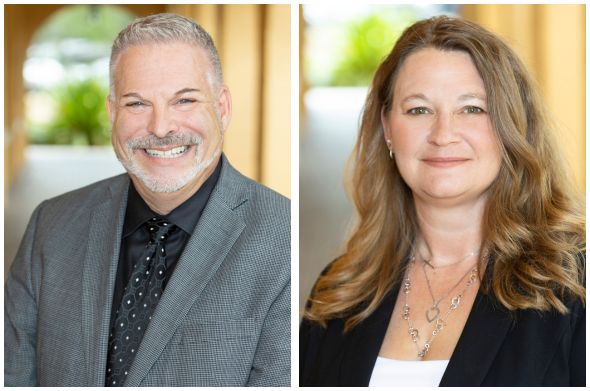 A split photo featuring two professor headshots. On the left is a man wearing a grey suit jacket; on the right is a woman wearing a black suit jacket.