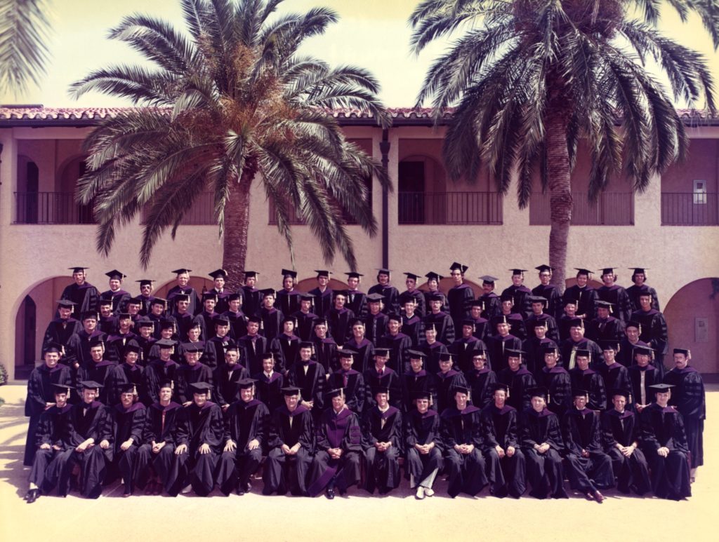 A picture of dozens of graduating law students in ceremonial regalia. This is the Stetson Law 1973 graduating class.