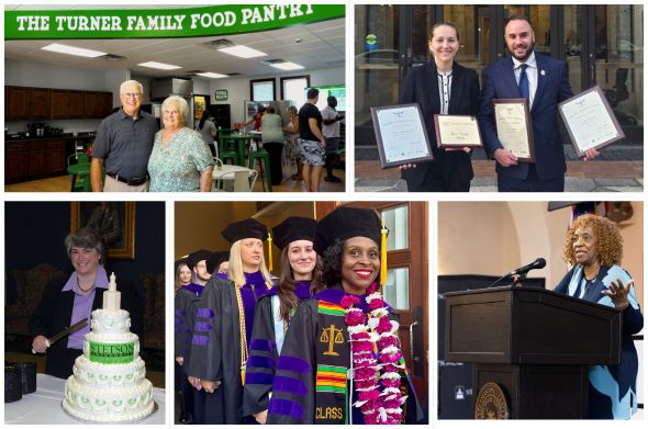 A collection of images, including a woman cutting a cake, a couple posing at a food pantry dedication, two students holding plaques after winning a competition, a woman at a podium, and three women in graduation regalia.