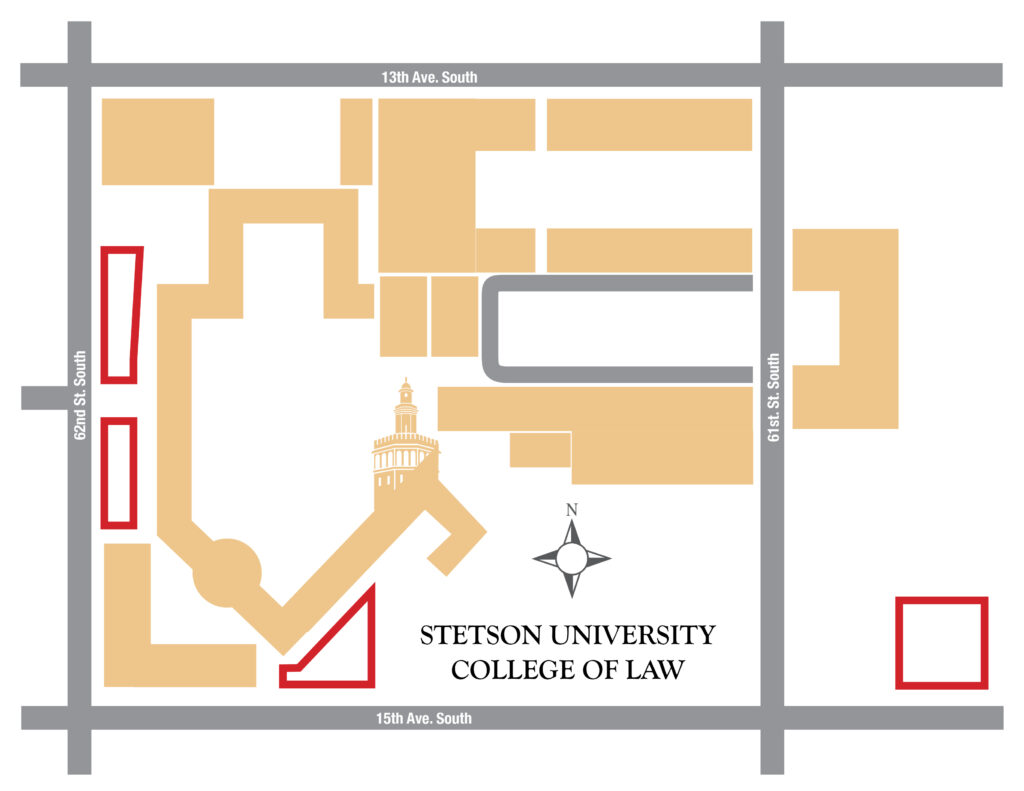 A campus map highlighting four areas throughout Stetson Law's grounds where eco-friendly swales are being installed.