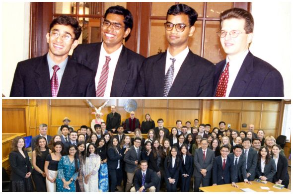 A split image of a small group of men wearing suits and ties and a large group of people smiling in a practice courtroom.