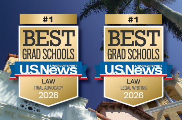 Two badges - one that reads #1 School for Advocacy and another that reads #1 School for Legal Writing - appear in front of an upward-looking shot of Stetson Law's iconic Tower building.