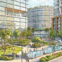 Renderings of three buildings, including one with a large sign that says Stetson.