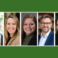 Headshots of two men and three women against a green backdrop.