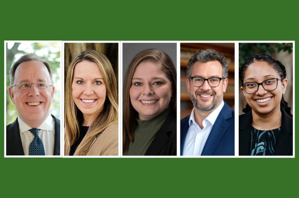 Headshots of two men and three women against a green backdrop.