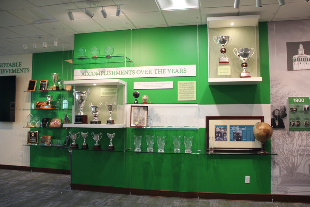 A shot of a wall of trophies in Stetson Law's new Advocacy Institute.