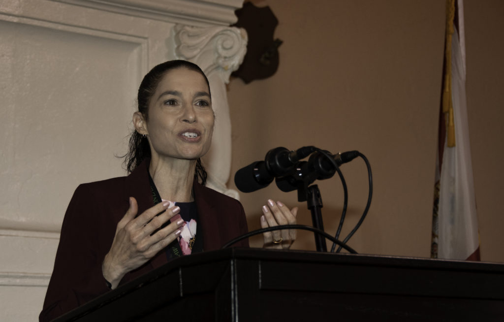 Theresa Pulley Radwan speaks at podium