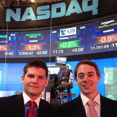 Finance majors Thomas Angley and Stephen Swofford at NASDAQ headquarters.