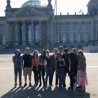 Students participating in the Summer Freiburg Program pose in front of the Reichstag building in Berlin, Germany, June 12, 2012.