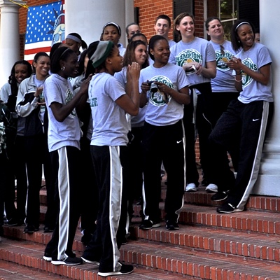 The Women's Basketball team soaks up everyone's energy and well-wishes at Stetson's send-off party Thursday before boarding the bus for the airport.