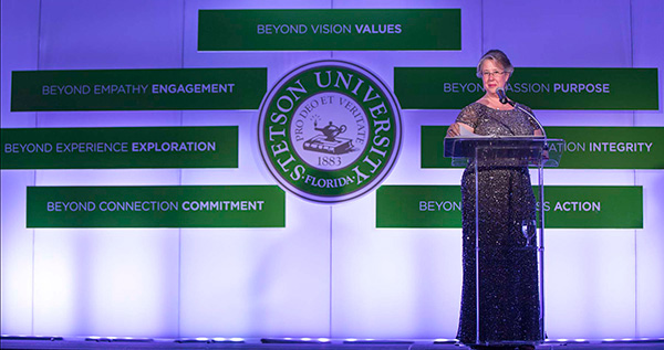 Wendy B. Libby, Ph.D., president of Stetson University, announces the launch of the Beyond Success — Significance campaign at a gathering in Lake Mary, Fla.