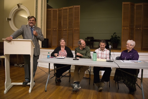 Clay Henderson, left, hosted the recent open dialogue on the effects of climate change. Panelists, from l to r: Dinah Pulver, Jason Evans, Chad Truxall and Sister Pat Siemen.