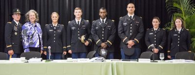 ROTC graduates in May 2016 with Officer Oakland McCulloch and Stetson University President Wendy B. Libby