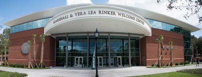 Panoramic view of front of Stetson University's Rinker Welcome Center