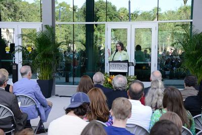 Stetson President Wendy Libby speaks at opening ceremony for Welcome Center