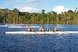 The Stetson University Men's Rowing Team practices on Lake Beresford last month. 