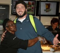 Irene hugs stetson student Austin Tyrrell