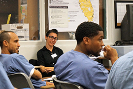 Stetson Professor Pamela Cappas-Toro in classroom in Tomoka state prison.