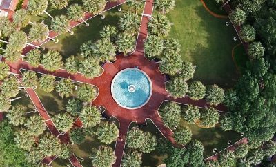 Aerial of Holler Fountain and Palm Court on Stetson's campus.