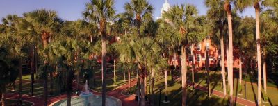 An aerial view of palm trees, grass and the Holler Fountain.