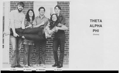 Four Stetson students, inlcuding Enlow, hold a fifth student lying in their hands in the early 1970s