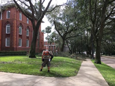 One Stetson worker with a leaf blower; another with a chainsaw removes a tree in front of Elizabeth Hall
